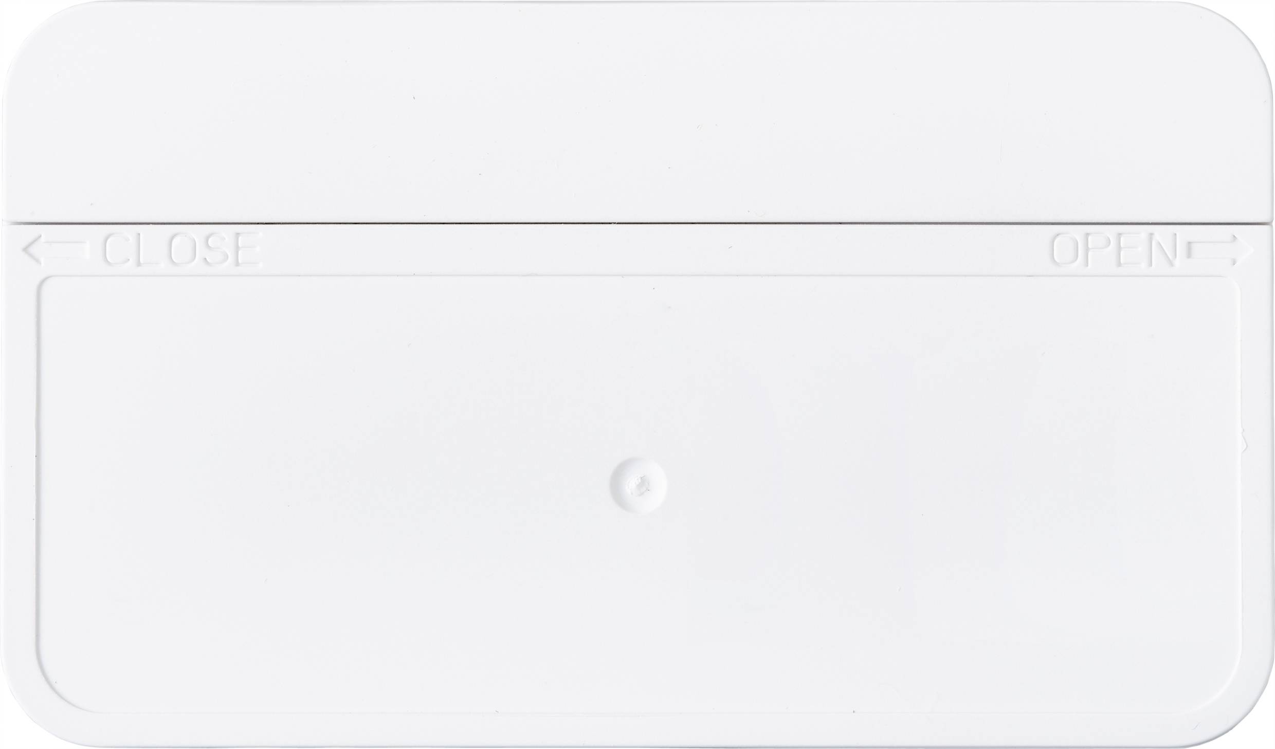 White plastic cover with arrows and the text 'CLOSE' and 'OPEN' on the sides, indicating the closing and opening direction.