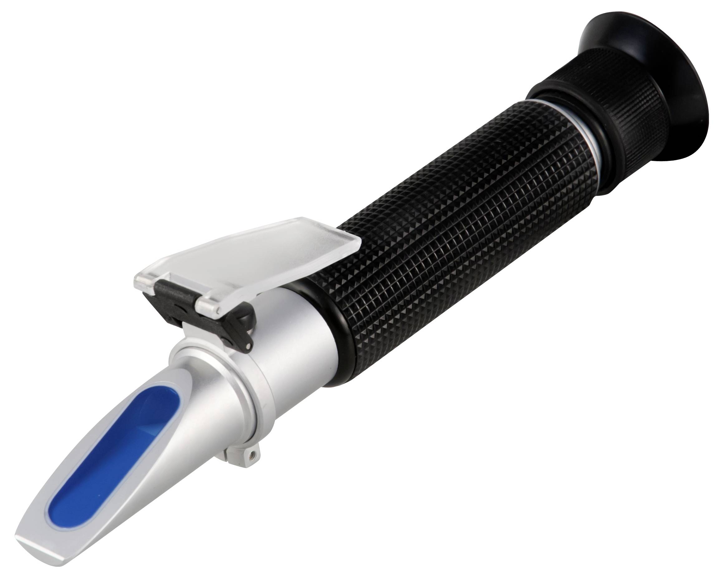Handheld refractometer with black grip and eyepiece, used to measure liquid concentration.