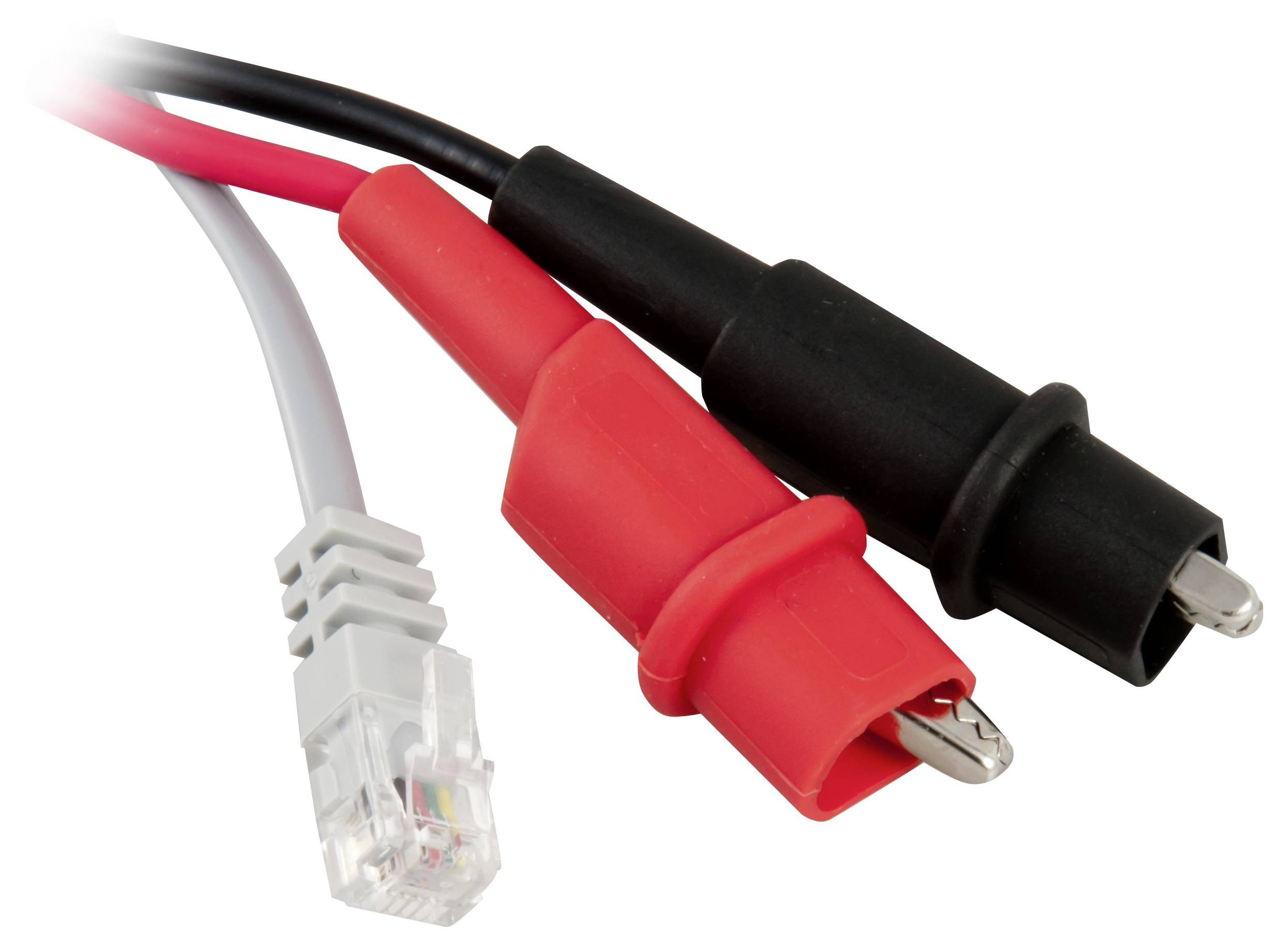 Close-up of three test leads: red and black alligator-style probes and a gray RJ45 connector on a white background.