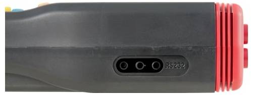 Close-up of a black handheld device with a red ribbed end and a labeled RS232 port connection panel.
