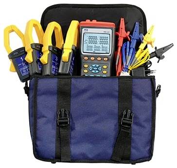 Open tool bag with electrical test equipment, including clamp meters, a digital multimeter, and colored test leads.