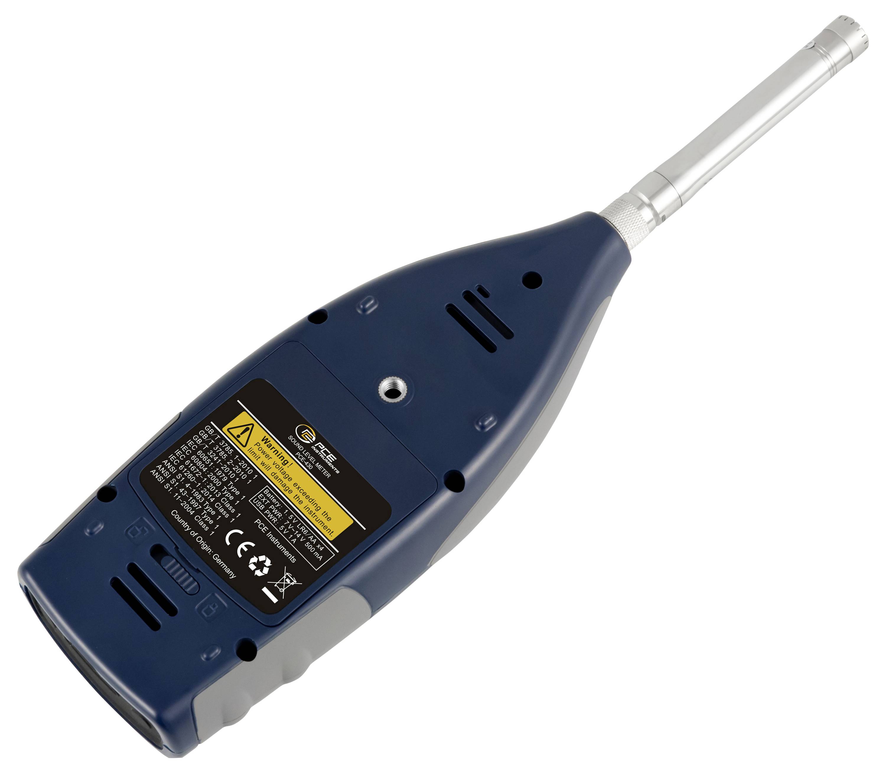 Blue handheld electronic device with a long metal probe and caution label, shown on a white background.