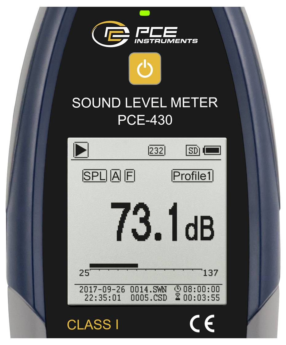 PCE Instruments sound level meter PCE-430 displaying 73.1 dB, with SPL mode and profile on the screen.