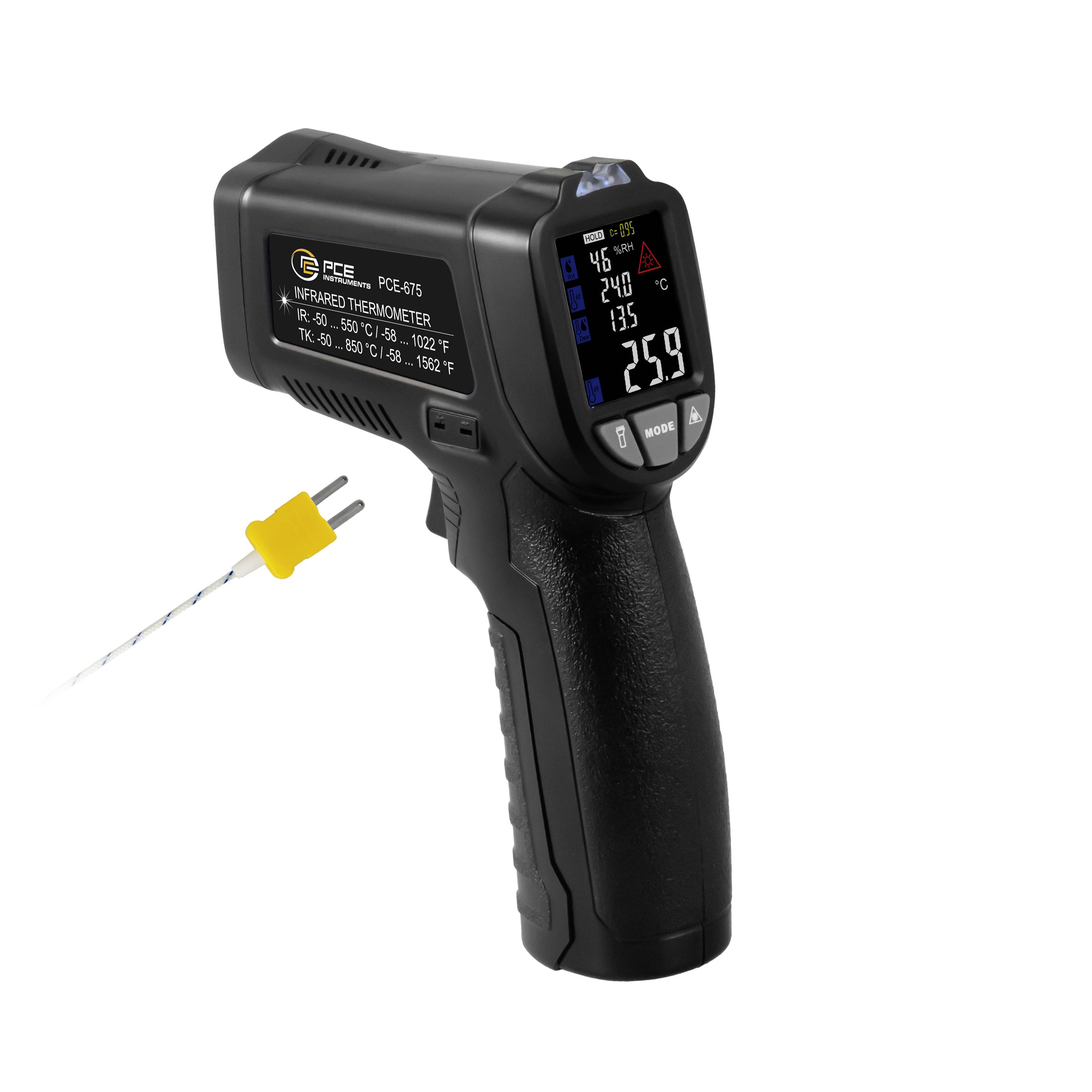 Black handheld infrared thermometer gun with digital display, shown beside a yellow thermocouple probe on a white background.