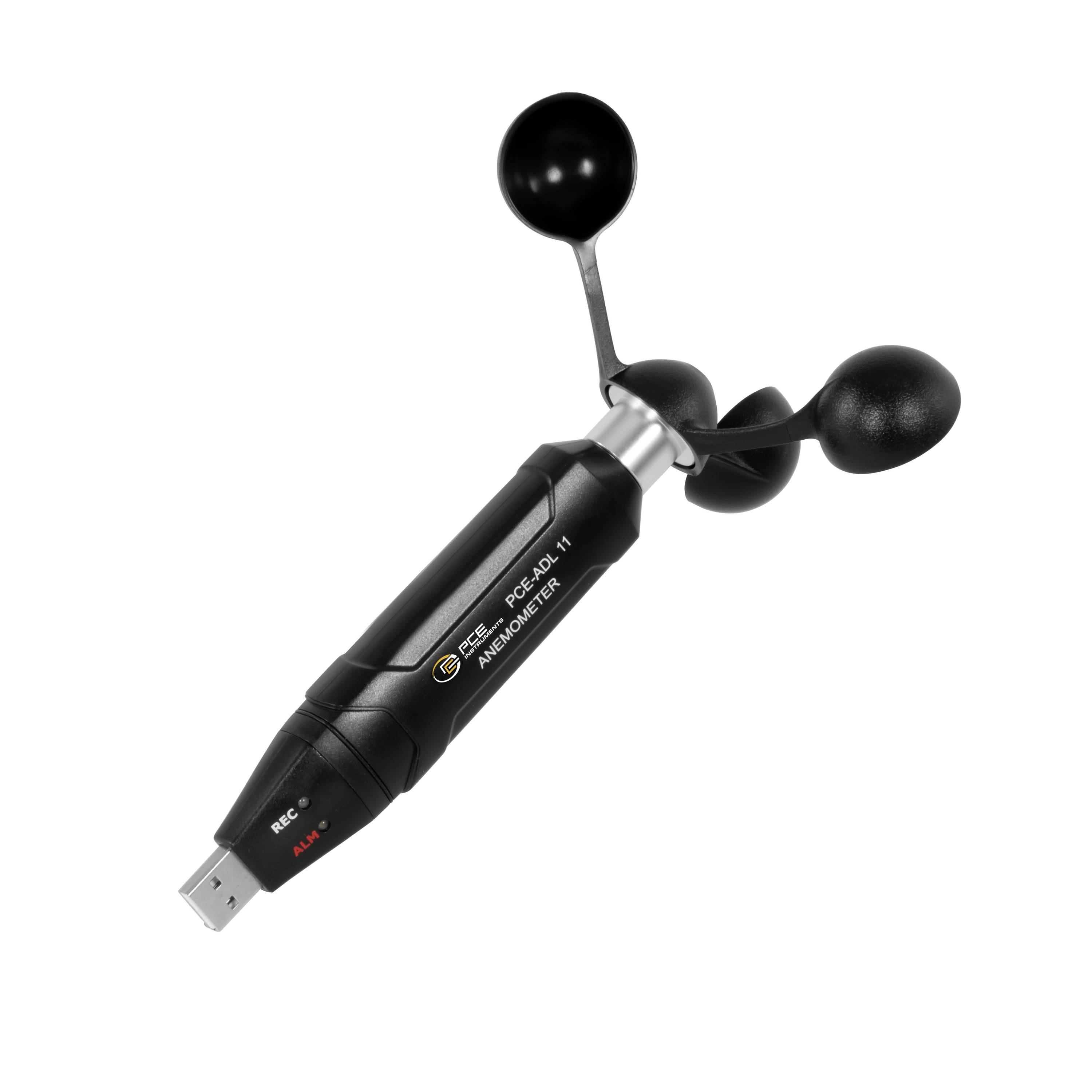 Handheld digital anemometer with three-cup wind sensor and USB connector on a white background.