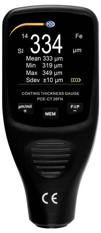 Handheld coating thickness gauge showing 334 µm for Fe; display lists mean 333 µm, min 319 µm, max 349 µm, and Sdev ±10 µm.