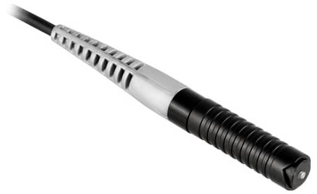 Close-up of a black and silver cable connector with vented grip and ribbed end cap on a white background.
