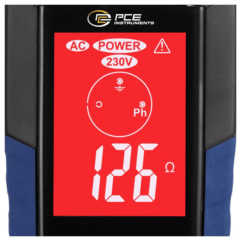PCE Instruments AC power meter display showing 230V and a reading of 126 ohms on a red screen with warning icon.
