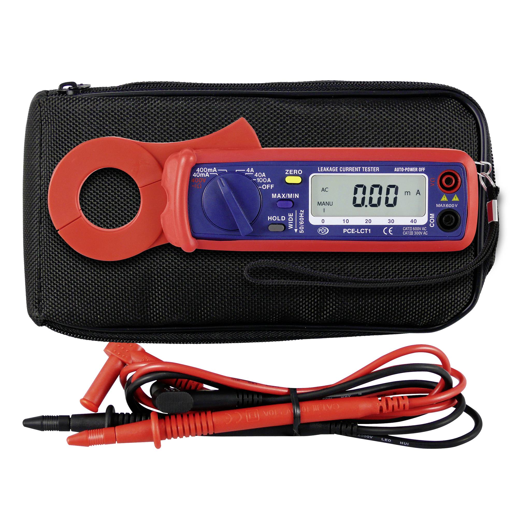 Clamp meter in a black carrying case, with red and blue tester body, digital display, and attached red/black probes.
