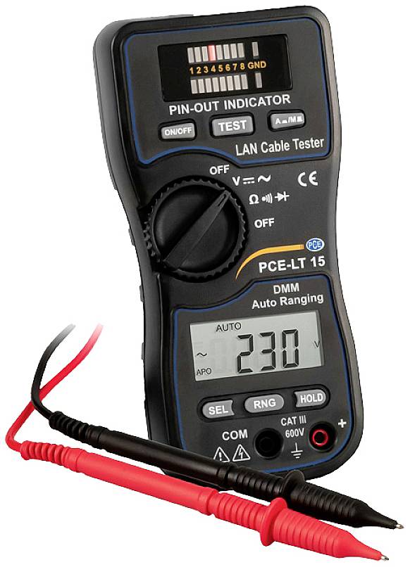 A digital multimeter with display shows '230'. It has various setting options and test connections for measurements.