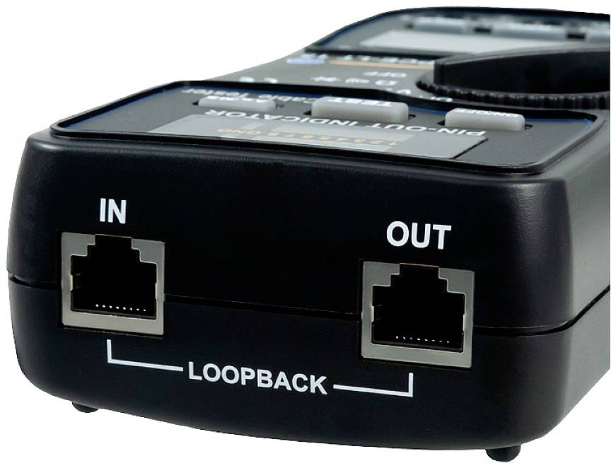 A network tester with two Ethernet ports, labelled 'IN' and 'OUT', with a 'LOOPBACK' marking underneath.