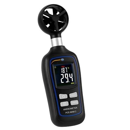 Handheld digital anemometer with fan sensor and LCD display showing wind speed and temperature.