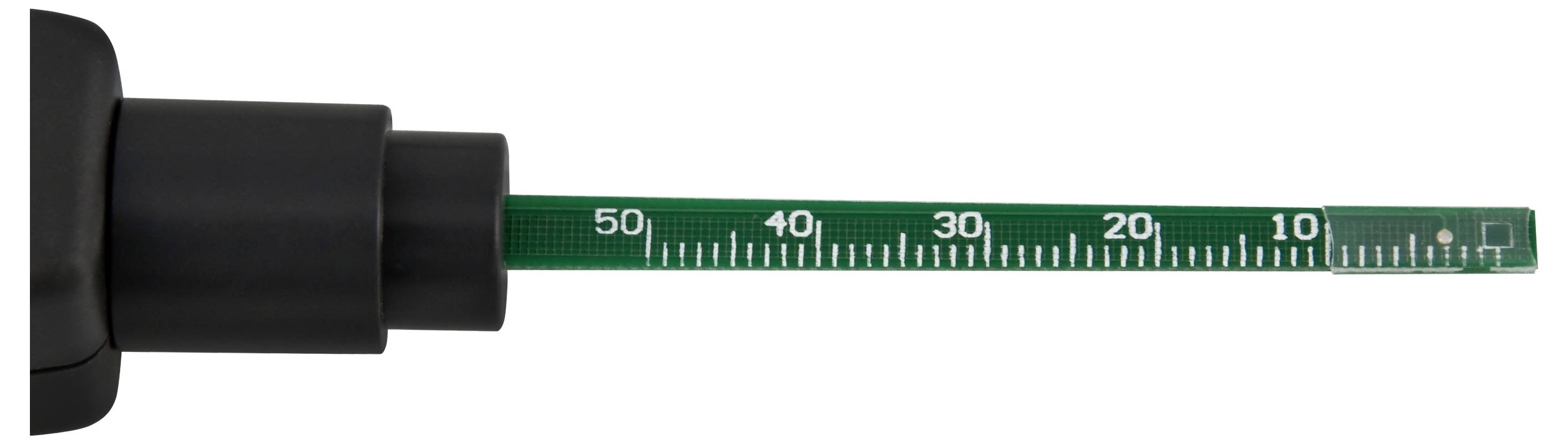 Close-up of a green measuring probe or ruler extending from a black handle, marked with white centimeter numbers and tick marks.