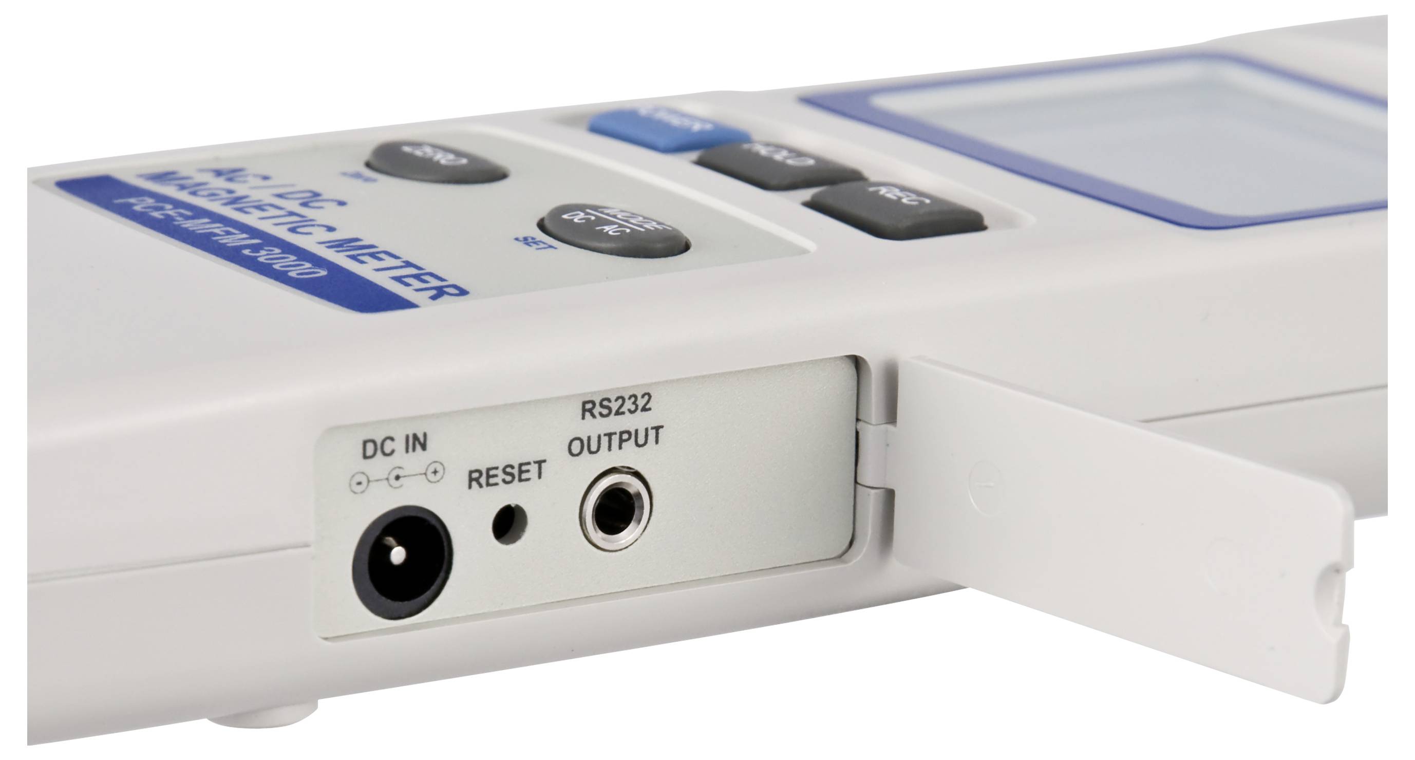 Close-up of a handheld electronic device showing power and RS232 output ports labeled 'DC IN', 'RESET', and 'RS232 OUTPUT'.