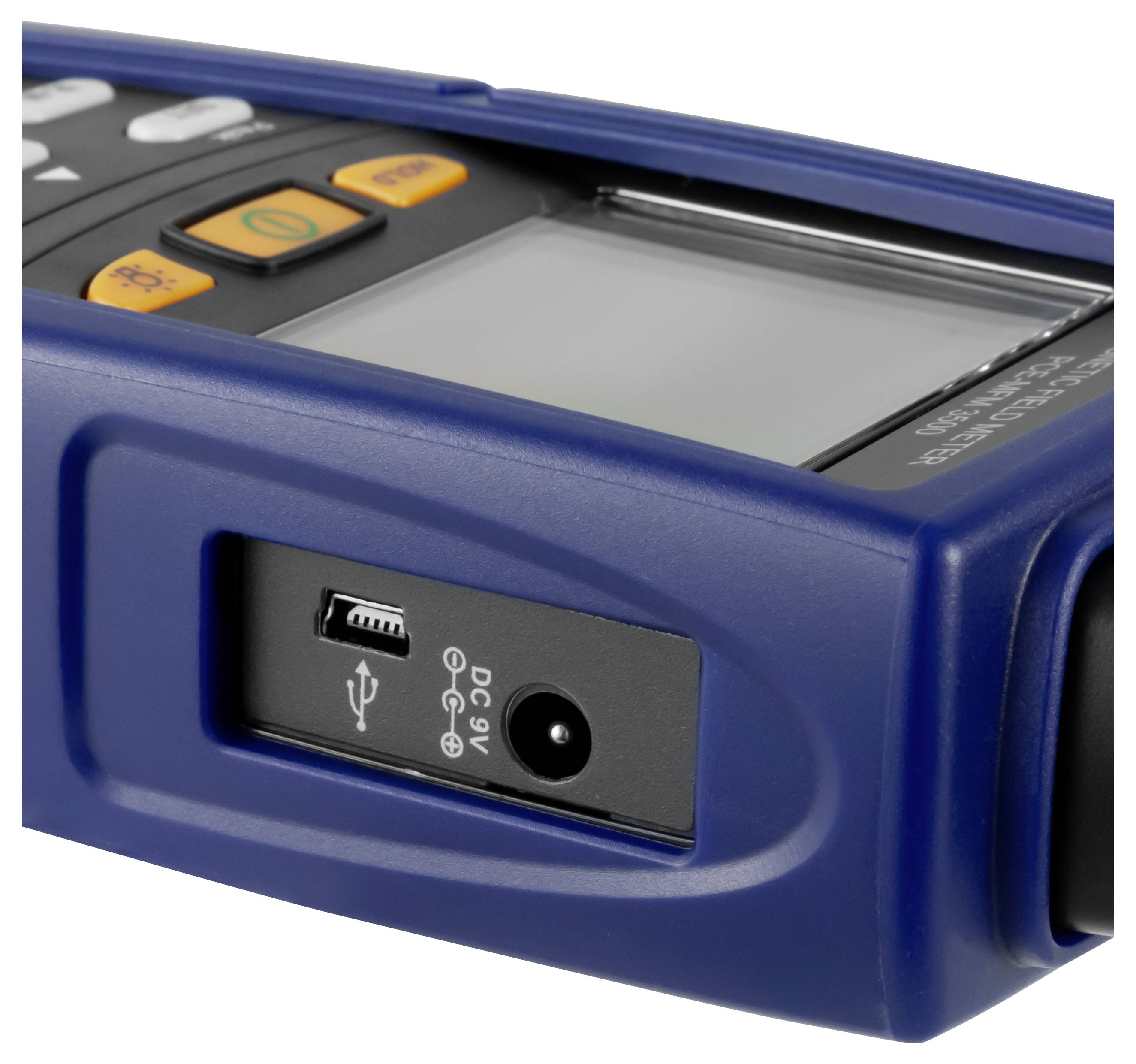 Close-up of a blue handheld electronic device with a screen, control buttons, and a side USB and DC 9V power port.