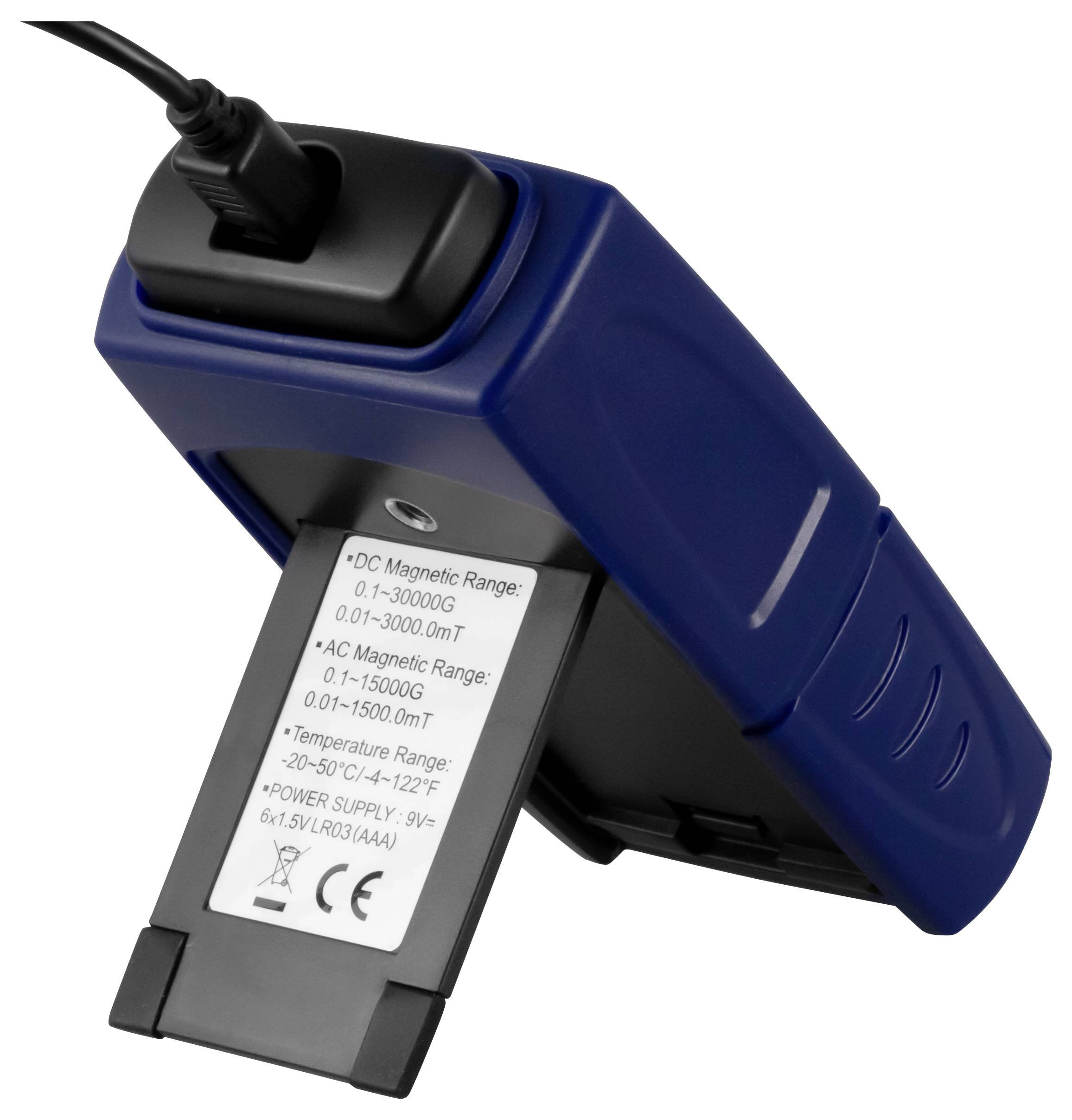 Blue handheld magnetic field meter with a pull-out sensor and labeled range specifications on the device.