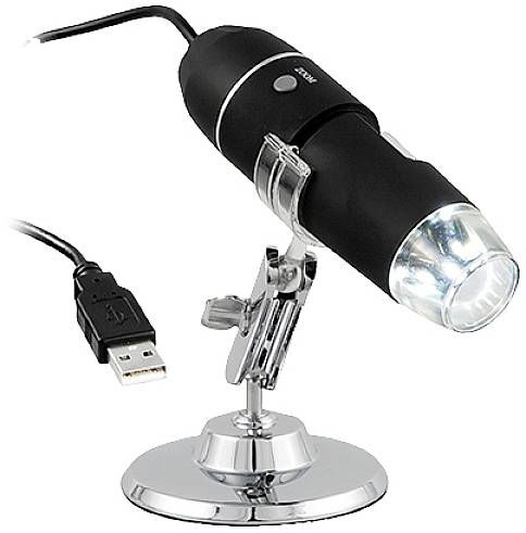 Black USB digital microscope with LED lights on adjustable stand, suitable for magnification and detailed studies.