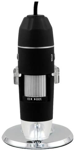 Portable digital microscope with continuous magnification on a silver stand base, suitable for precise close-up images.
