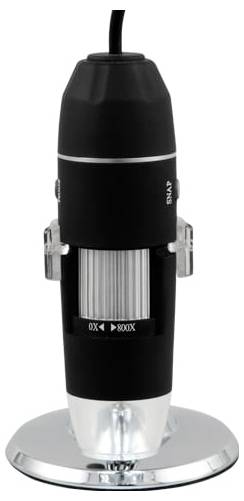 Black handheld microscope with adjustable focus, side clips, and a chrome base on a white background.