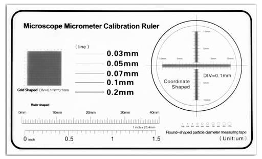Microscope micrometer calibration ruler showing line, grid, coordinate, round, and ruler shapes with measurements from 0.03 mm to 0.2 mm and a 0–1.5 inch scale.