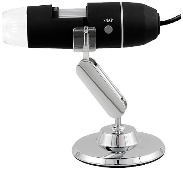 A black digital microscope on a silver stand, with a 'SNAP' button on the side. Perfect for detailed observations.