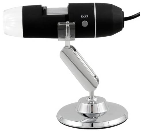 Black USB webcam labeled 'SNAP' on a chrome swivel stand against a white background.