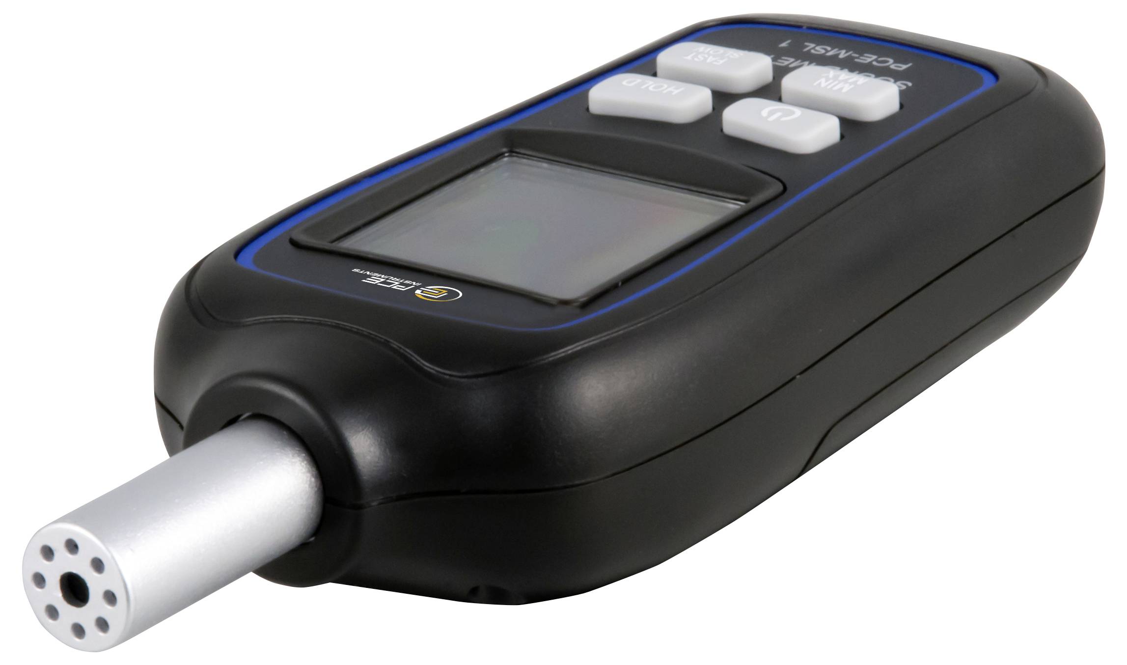 Handheld black electronic measuring device with an extended metal probe and small display, shown on a white background.