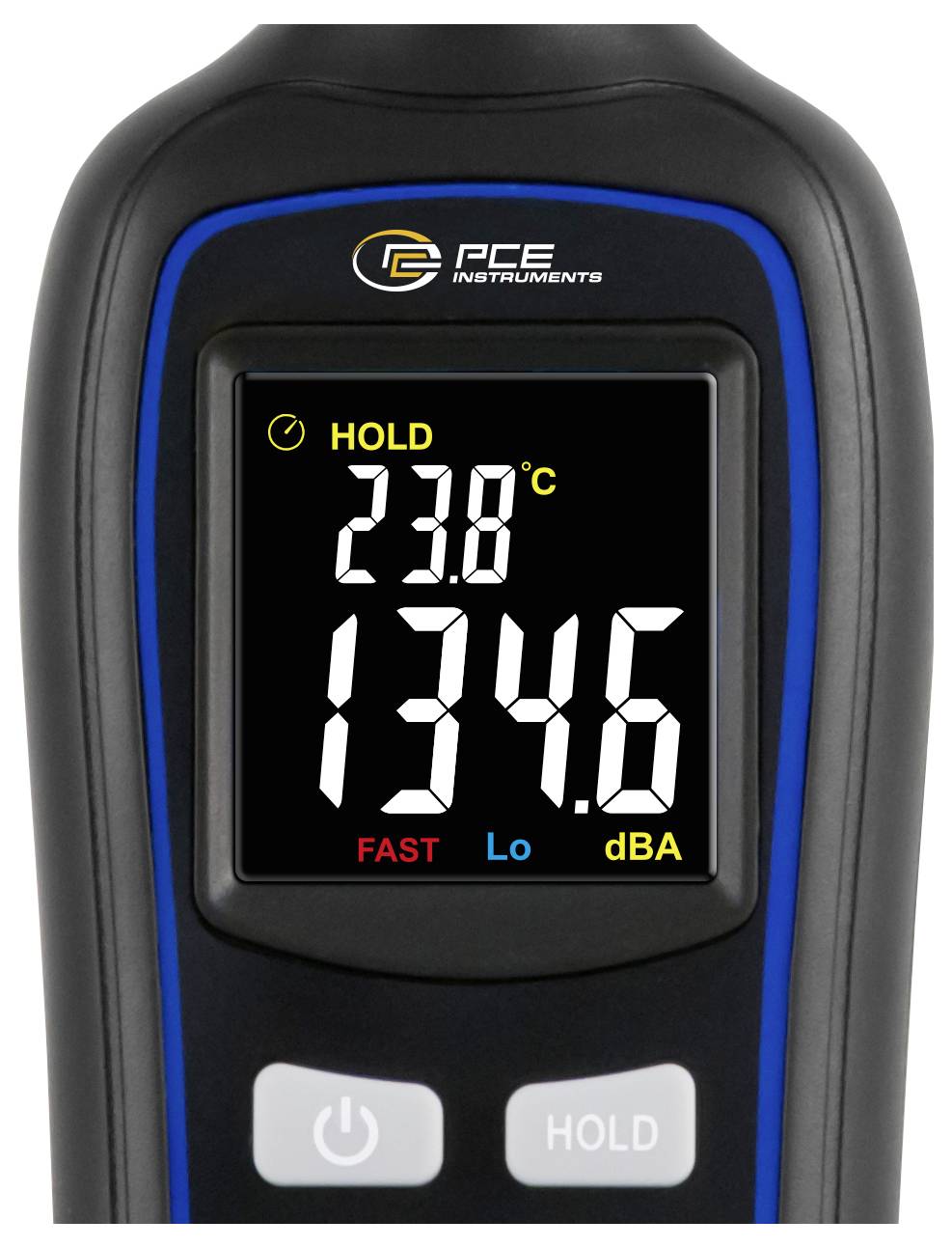 Handheld PCE Instruments meter display showing HOLD, 23.8°C, and noise level 134.6 dBA in fast, low mode.