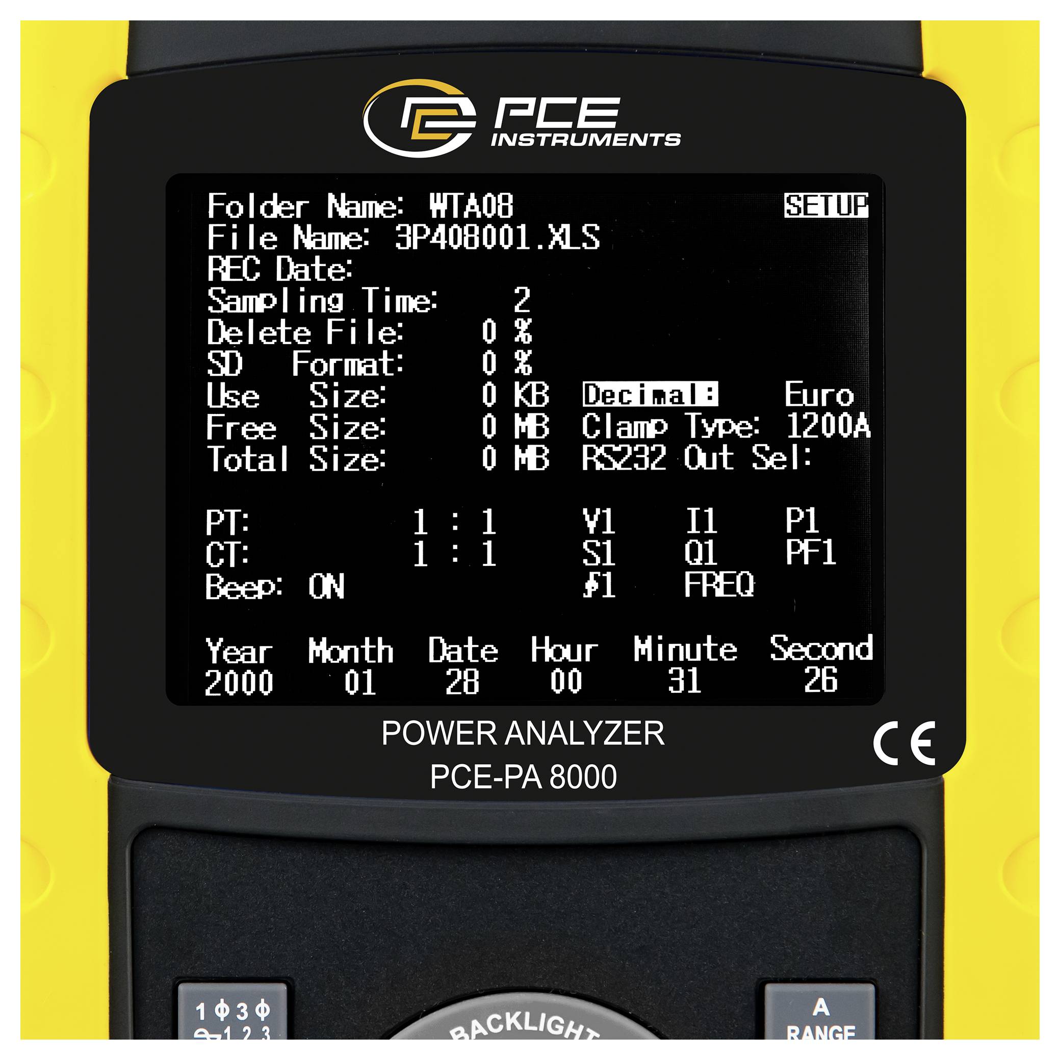Close-up of a PCE Instruments power analyzer display showing setup/settings, including file name '3P408001.XLS', clamp type 1200A, and date 2000-01-28.