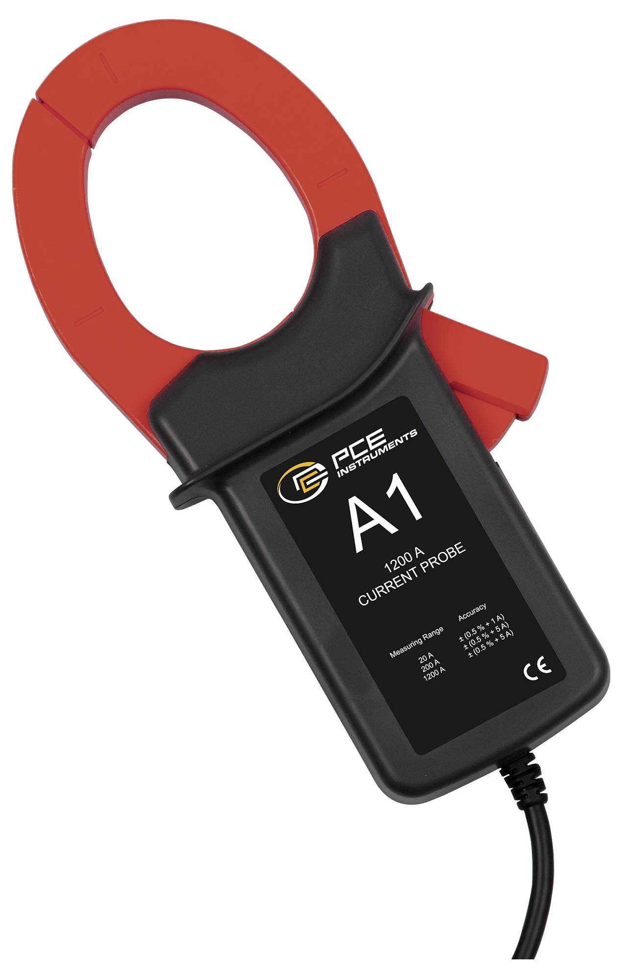 Red clamp-on current probe labeled 'A1' with '1200 A CURRENT PROBE' and attached cable, shown on a white background.