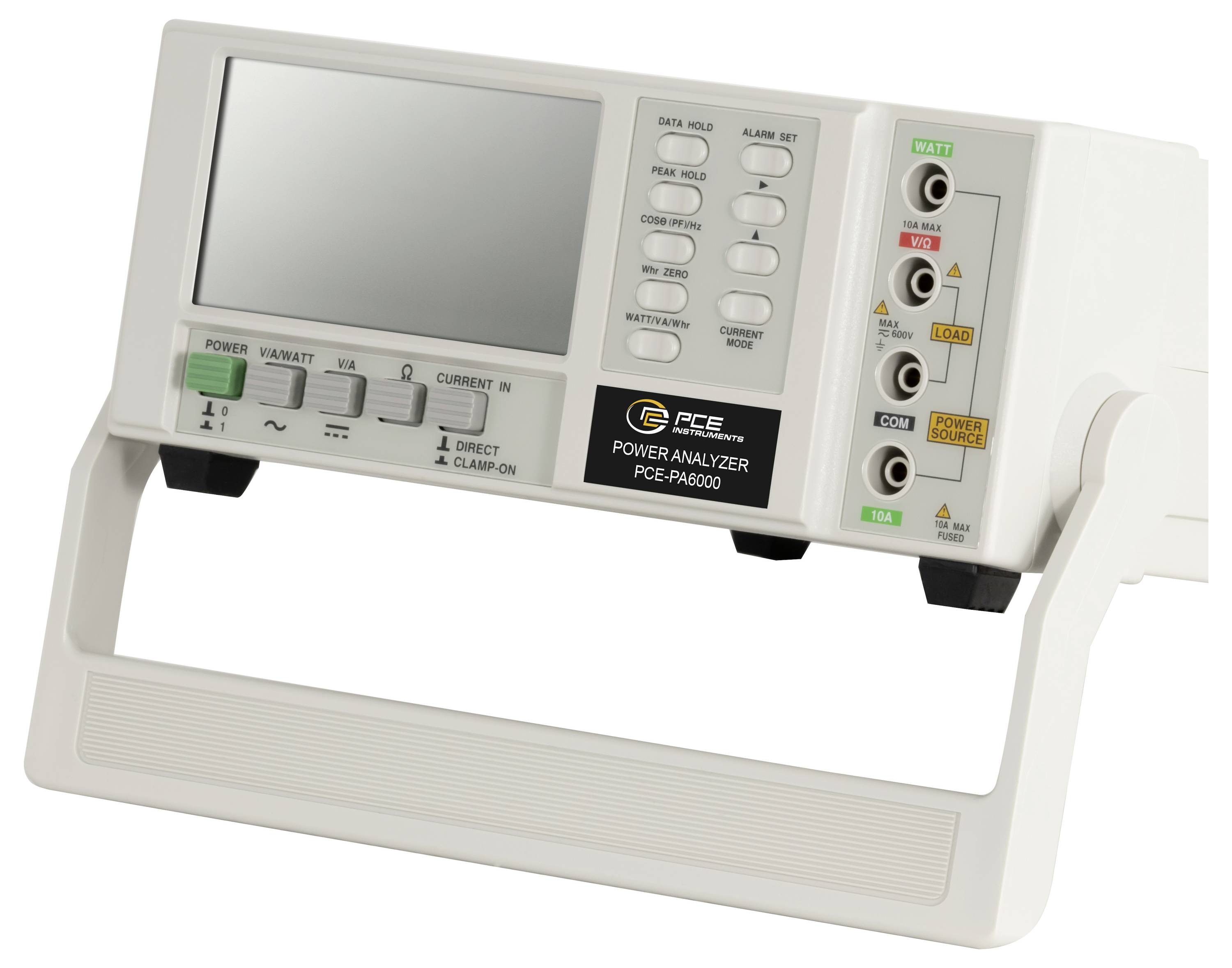 Digital power analyzer meter with blank display, buttons, and labeled input terminals in a carrying frame.
