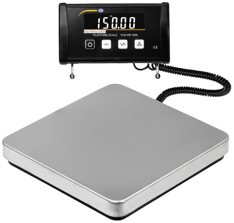 Digital scale with stainless steel platform and display. Display shows '150.00'. Suitable for various weighing measurements.