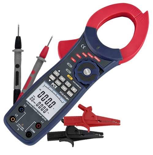 Digital clamp meter with red current clamp, probes, and alligator clips for measuring electrical current and voltage.