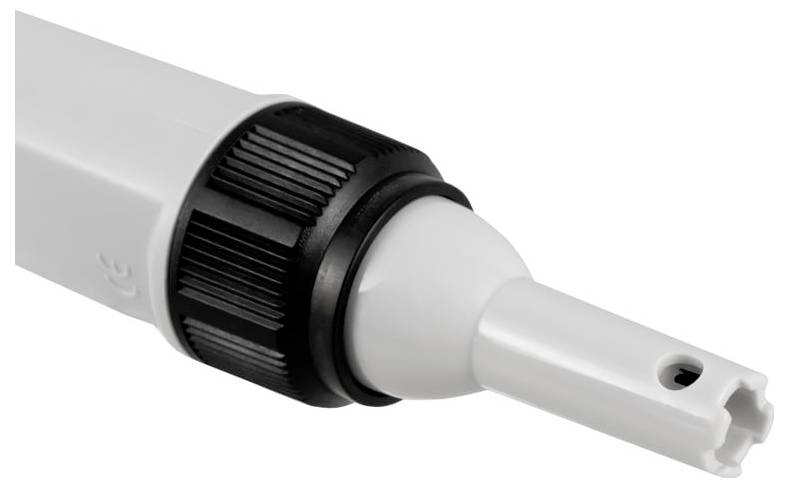 Close-up of a white plastic rotary cutting tool with a black ridged collar and pointed tip against a plain background.