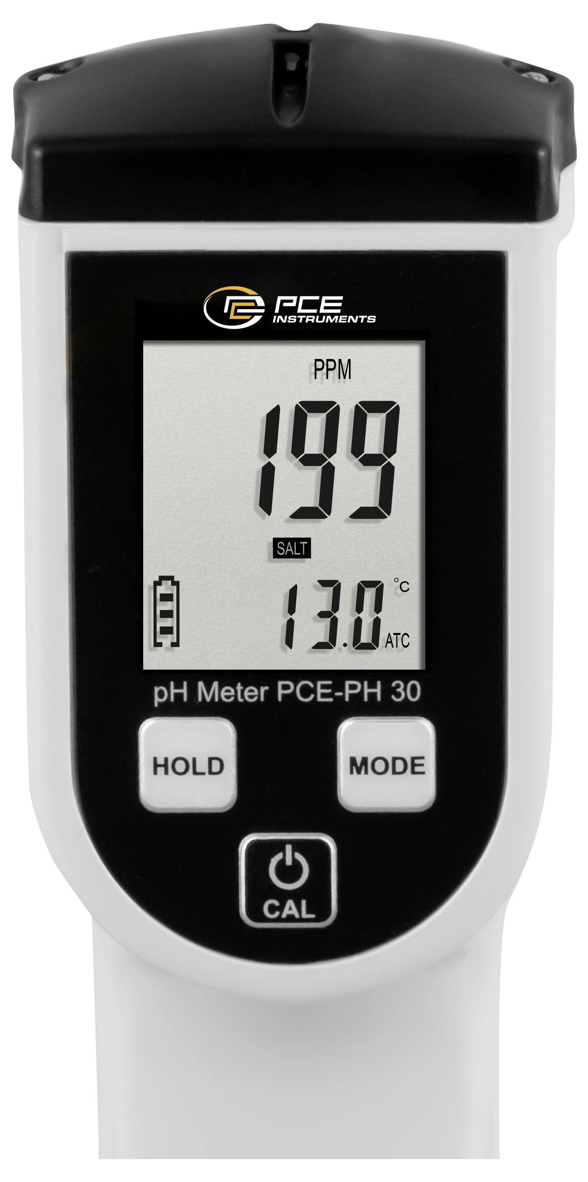 Digital PCE Instruments pH meter showing PPM 199, SALT, and temperature 13.0°C, with HOLD, MODE, and CAL buttons.