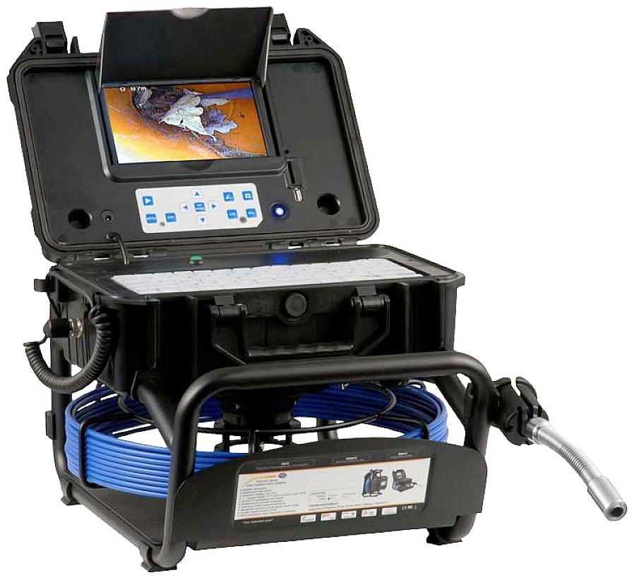 Drain inspection camera with screen for examining pipes. The screen displays an image of the internal pipe condition.