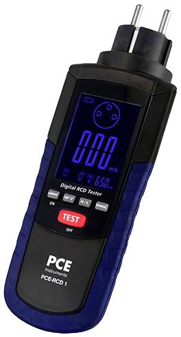 A digital RCD testing device with display. Shows '0.0 mA'. A European plug is located on the top surface.