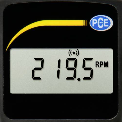 A digital tachometer displays '219.5 RPM'. A section of a yellow curve is visible in the top left, and the PCE Instruments logo is in the top right.
