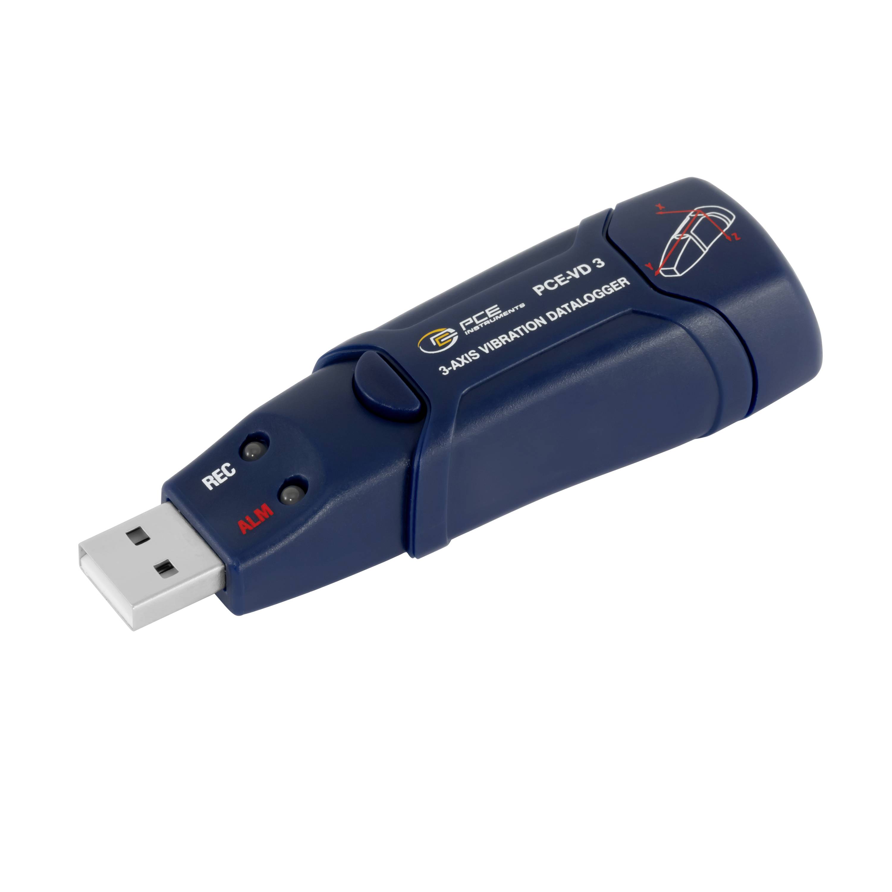 Blauer USB-Datenlogger mit 3-Achsen-Vibrationsmessung und REC- und ALM-Indikatoren.