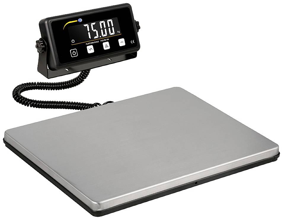 A digital scale displays the weight '75.00'. The display is connected by a cable to the flat, rectangular metal platform.