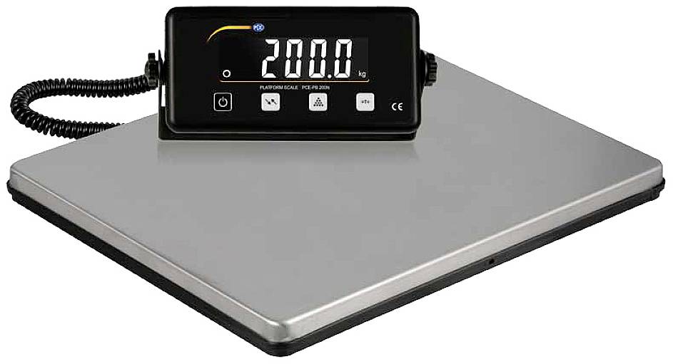 Digital platform scales with large display showing '200.0 kg'. Display mounted on a flat, silver platform.