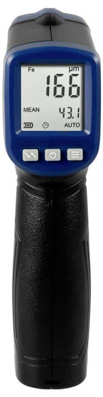 Handheld coating thickness gauge showing a measurement of 166 µm, with mean 43.1 and auto mode displayed on the screen.