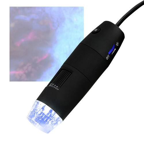 A black microscope with blue light, accompanied by an enlarged image of an object.
