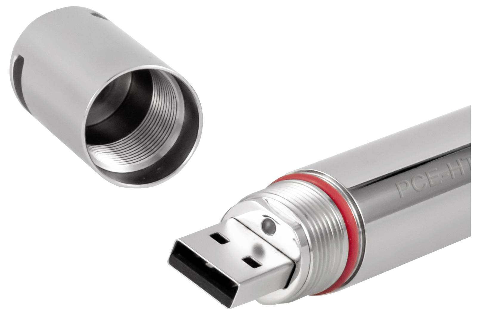 Metal USB flash drive with its cap removed, showing the USB connector and threaded cap interior on a white background.