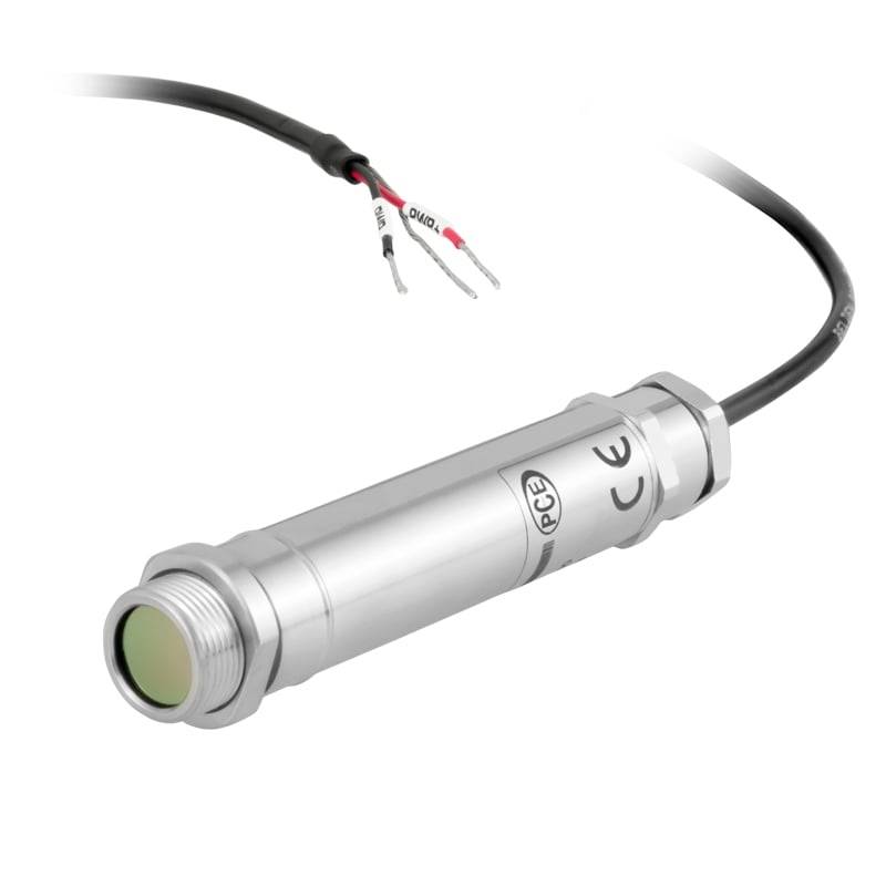Stainless steel cylindrical industrial sensor with threaded lens end and attached cable with stripped wire leads.