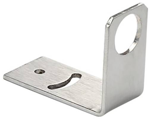 Metal L-shaped mounting bracket with one horizontal plate and one vertical plate, each with a hole for fastening.