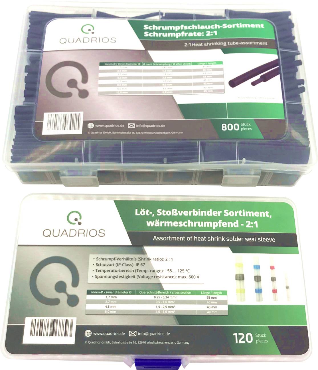 Two plastic boxes with labelled tags. Top: 'Heat Shrink Tubing Assortment'. Bottom: 'Soldering and Butt Connector Assortment'.