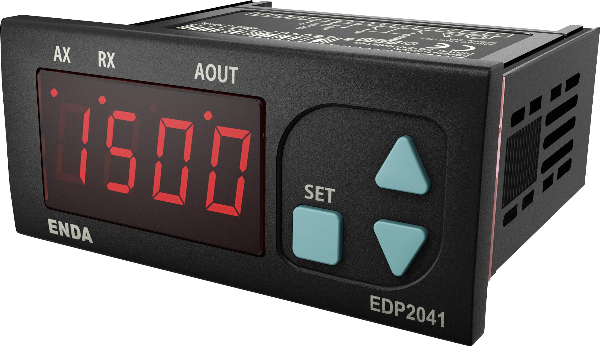 Digital indicator with LED display shows '1500'. Device has buttons for control and is marked as ENDA EDP2041.