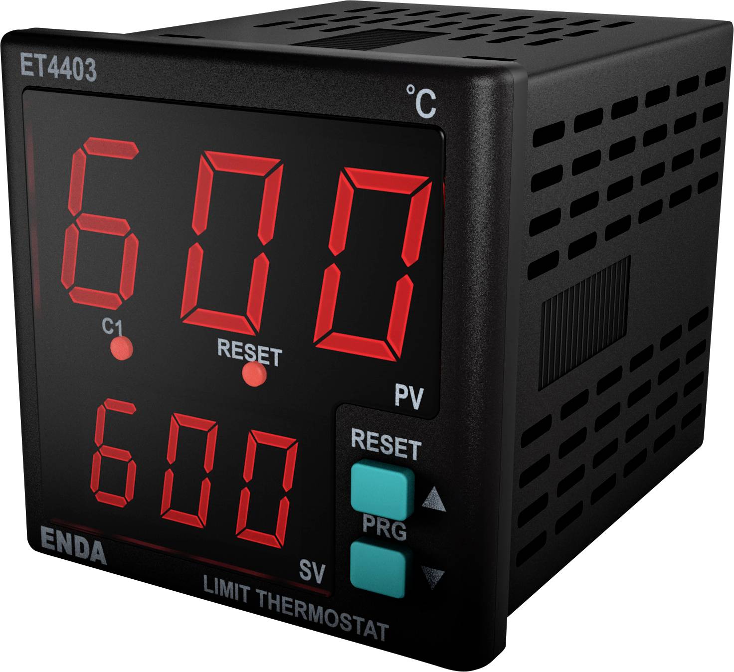 'Black Thermostat ET4403', displays temperature '600°C', with 'RESET' and 'PRG' buttons in turquoise.