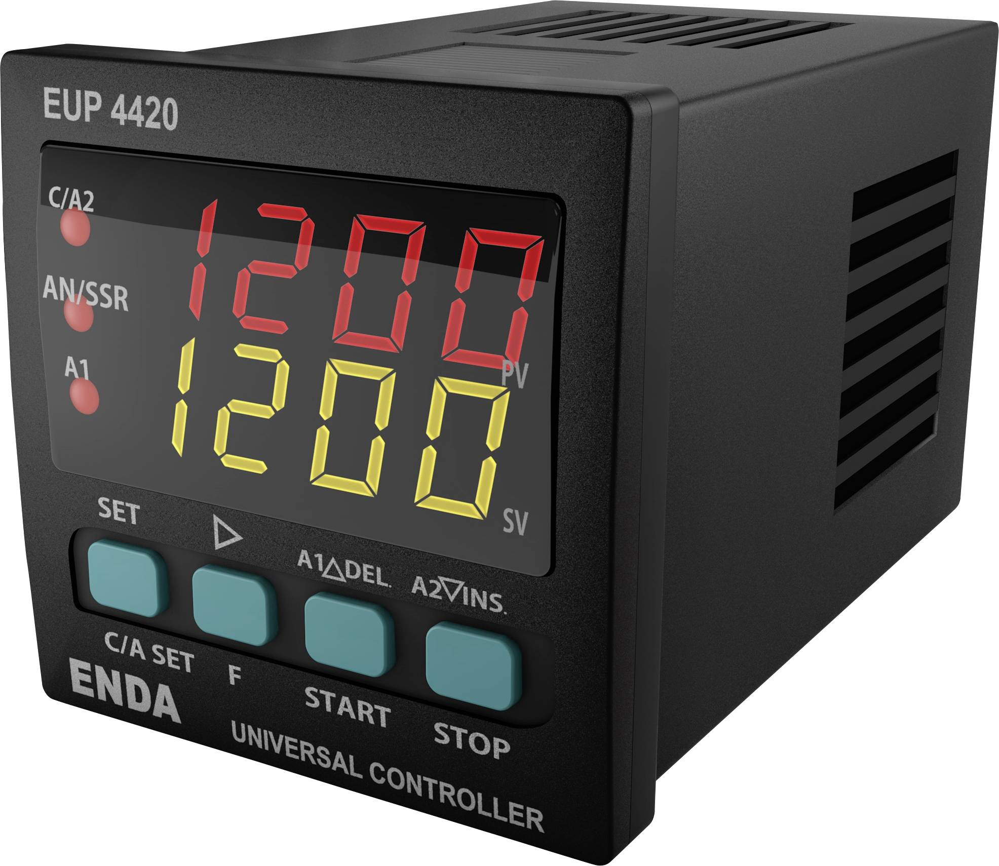 'ENDA EUP 4420 Universal Controller' with digital display: upper red number '1200', lower yellow number '1200'. Buttons: Set, F, Start, Stop.